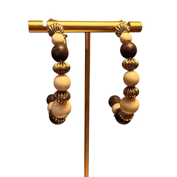 Vintage Y2K Milly Gold/Brown/Cream Dangle Earrings with Beaded Design MSRP $178